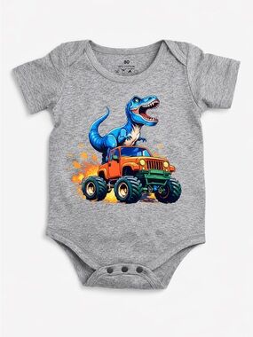 Gray Infant Onesie with Blue Dinosaur & Orange Monster Truck Graphic